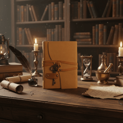 Grimoire en cuir ambré avec clé mystique, debout sur un bureau ancien dans une bibliothèque ésotérique.