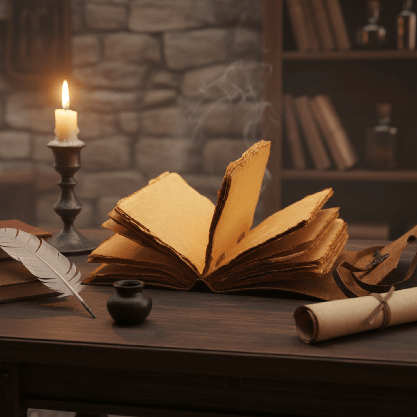 Grimoire ouvert en papier frangé sur bureau ancien, plume et bougie allumée.