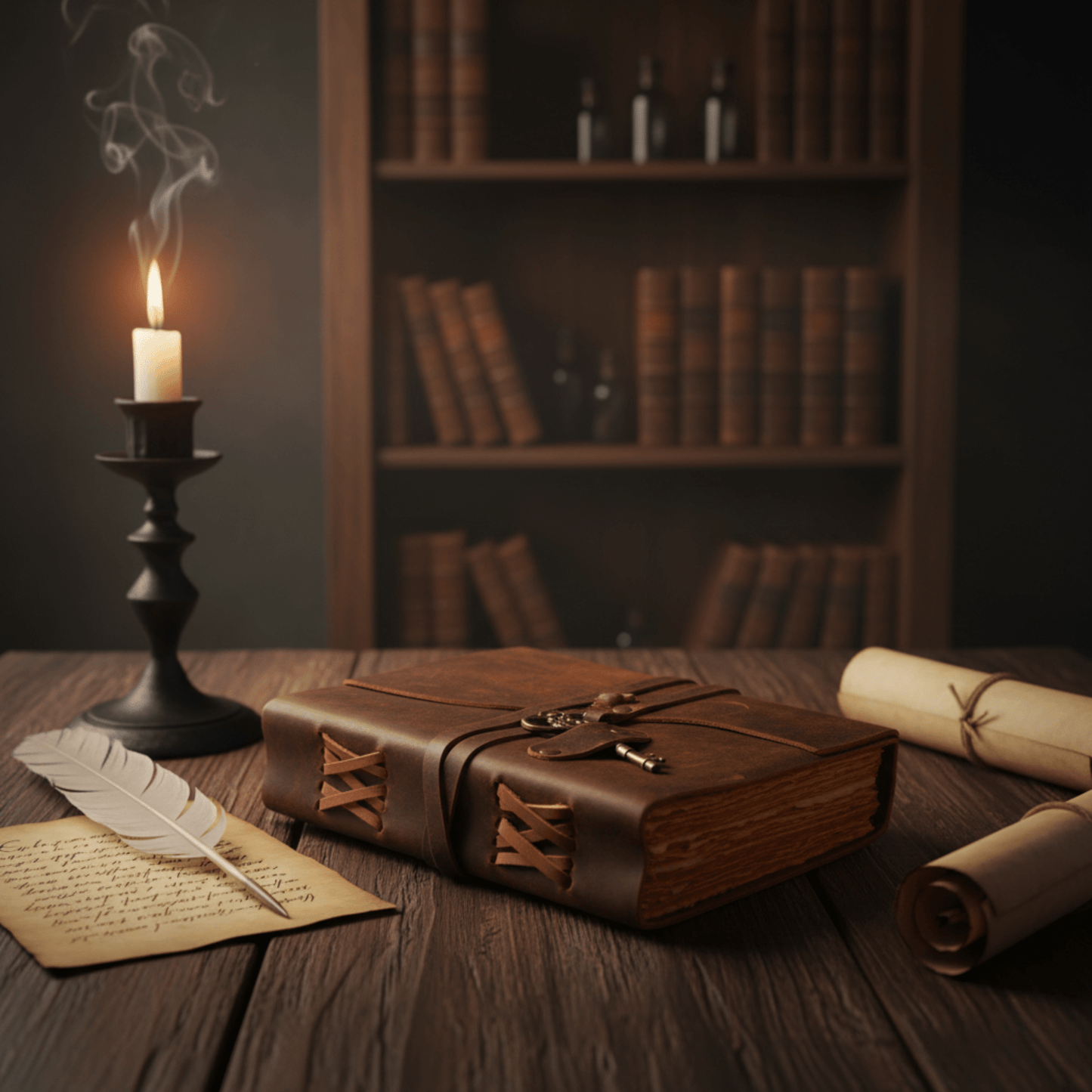 Grimoire en cuir fermé avec clé vintage, posé près d’une bougie dans un décor ancien.