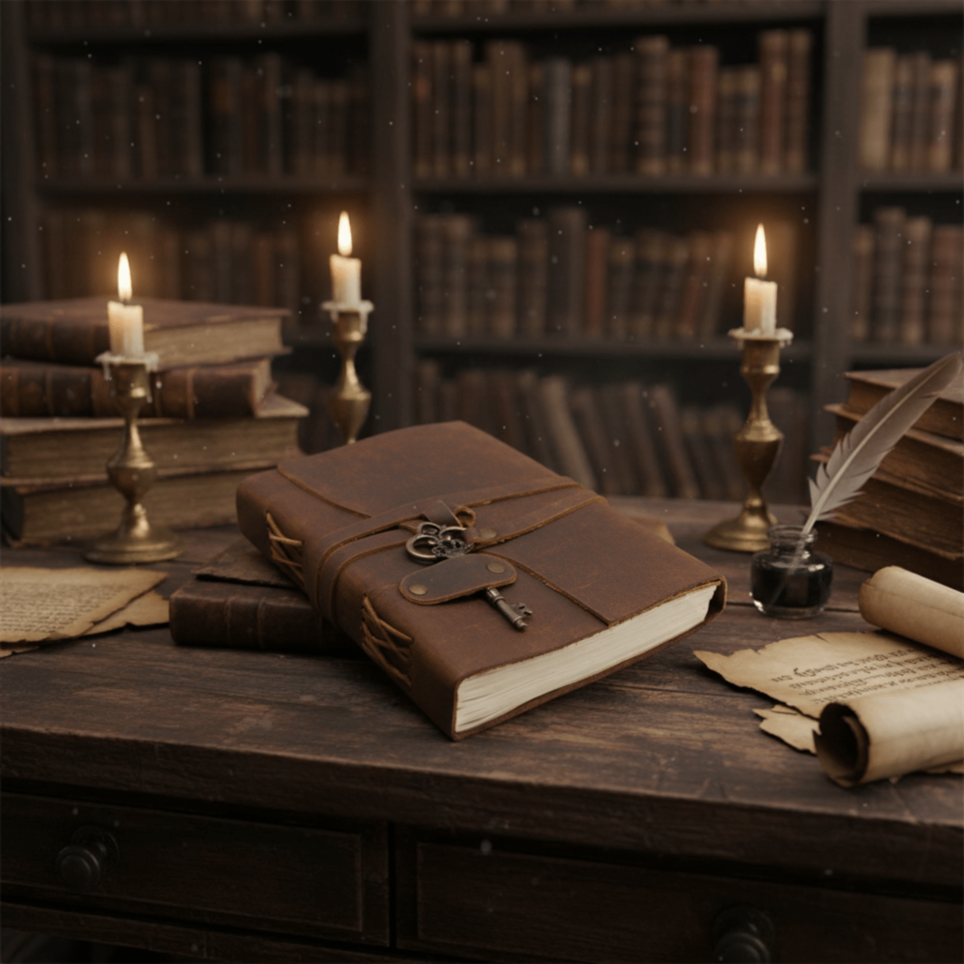 Grimoire en cuir huilé avec clé vintage posé sur un bureau ancien, ambiance mystique.