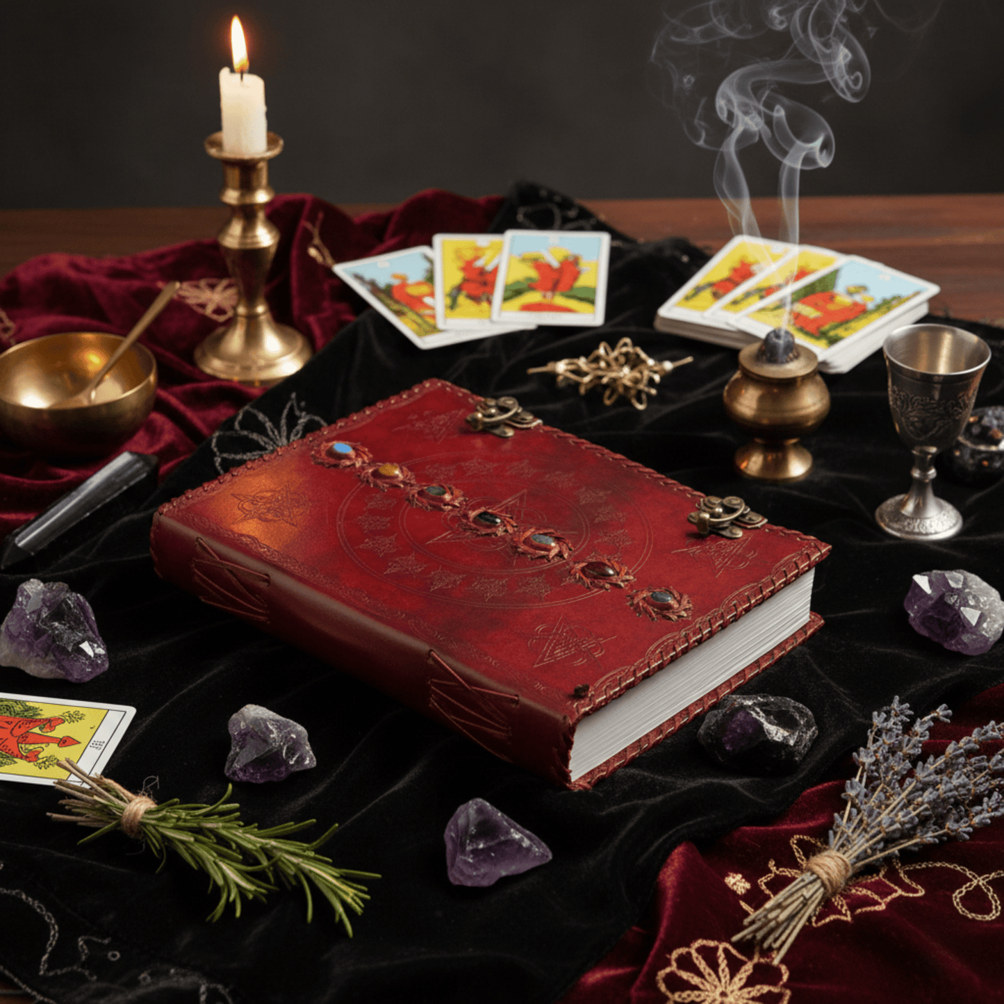 Grimoire 7 Chakras en cuir rouge sur autel magique avec tarot, améthystes, bougies et encens.