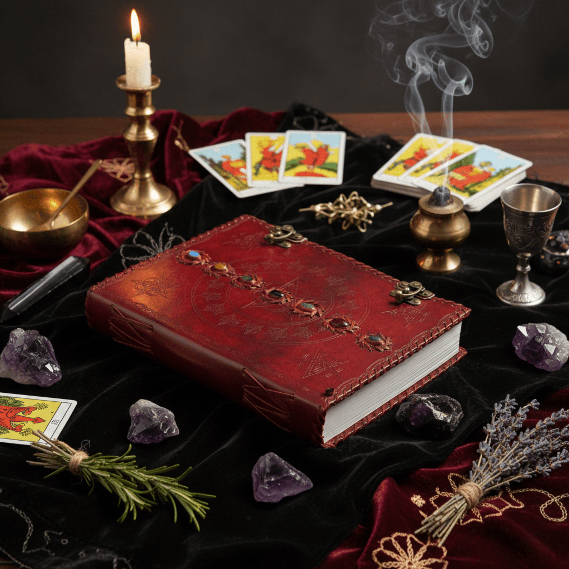 Grimoire 7 Chakras en cuir rouge sur autel magique avec tarot, améthystes, bougies et encens.
