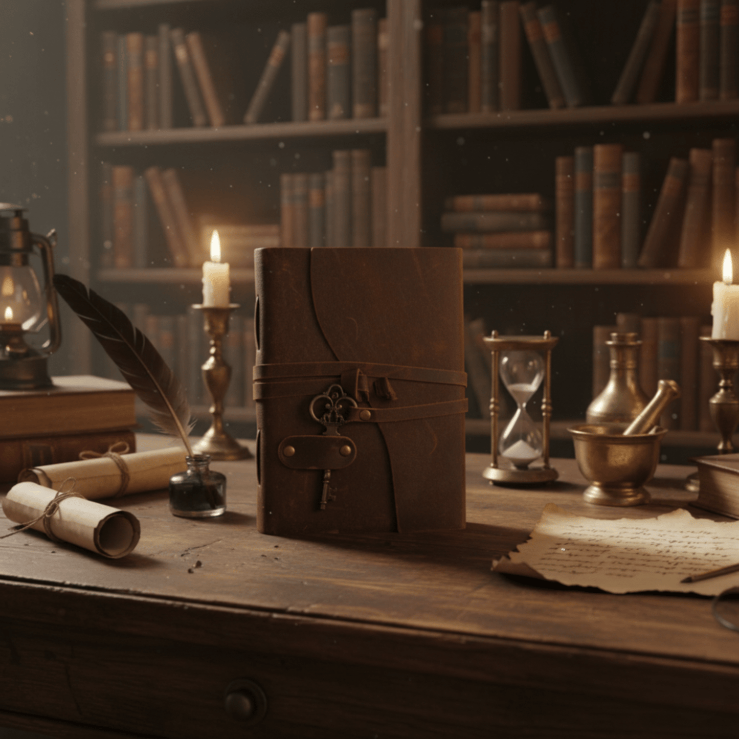 Carnet en cuir avec clé vintage sur table en bois, bougies et livres en arrière-plan.