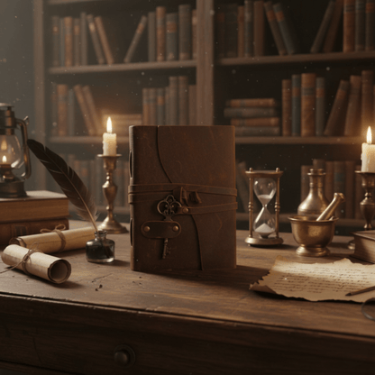 Carnet en cuir avec clé vintage sur table en bois, bougies et livres en arrière-plan.