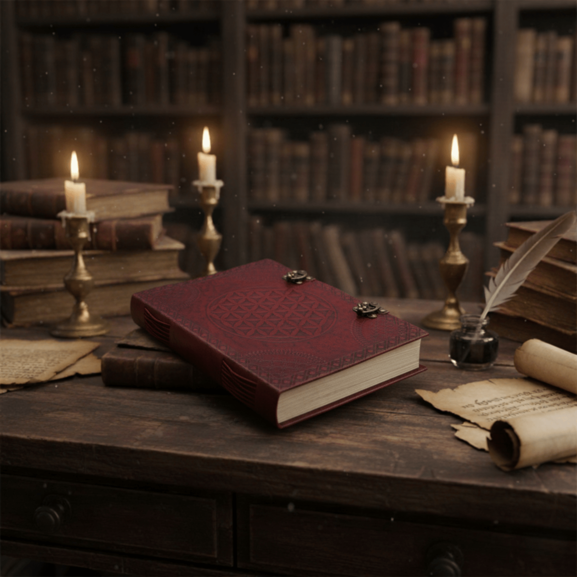 Carnet ésotérique Fleur de Vie en cuir rouge, posé sur bureau ancien avec bougies et parchemins