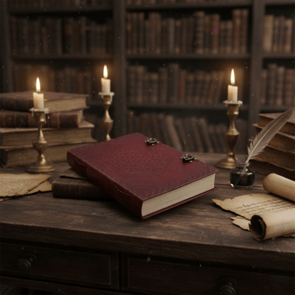 Carnet ésotérique Fleur de Vie en cuir rouge, posé sur bureau ancien avec bougies et parchemins