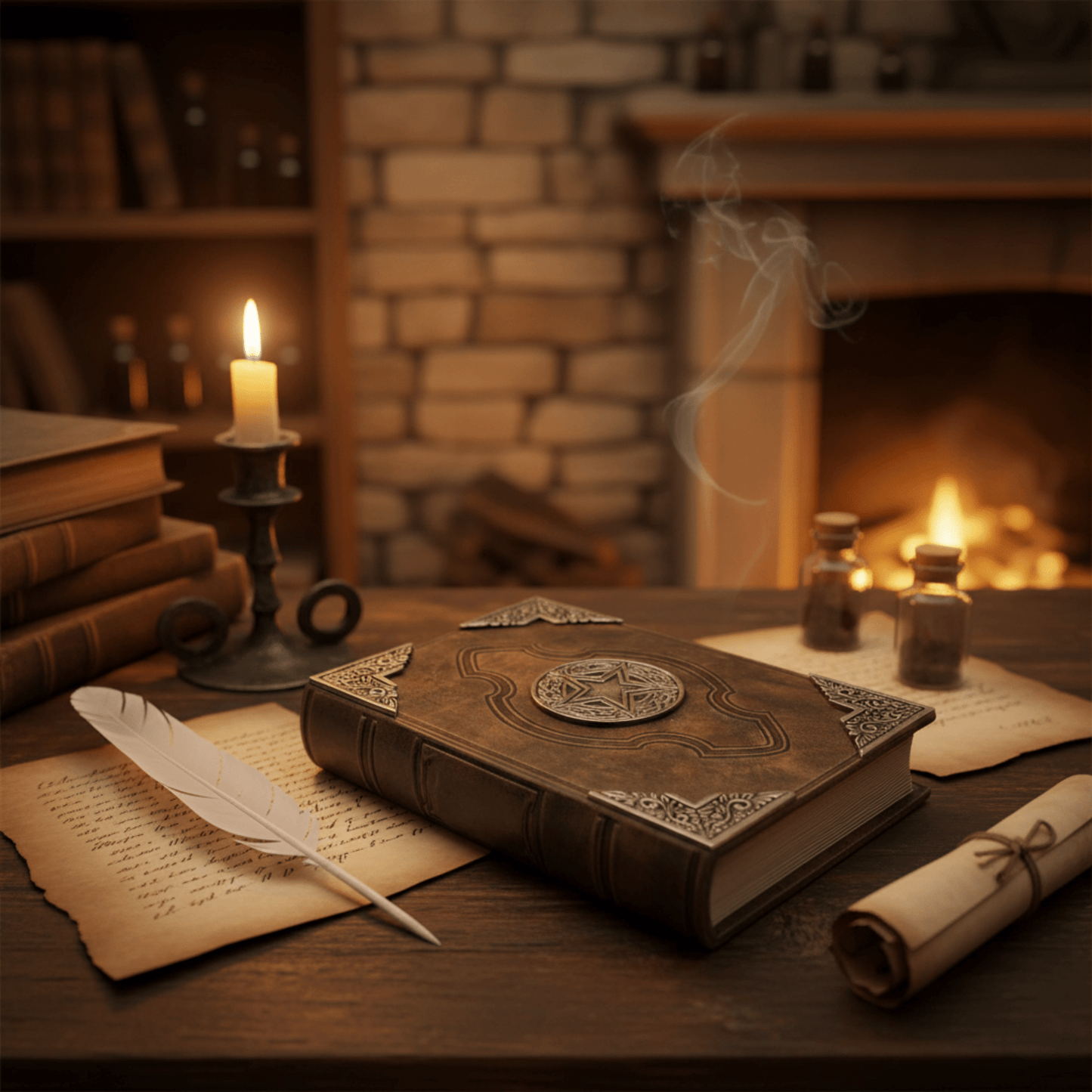 Grimoire Pentacle Sacré fermé en cuir brun, plume et parchemins autour, ambiance ésotérique chaleureuse.
