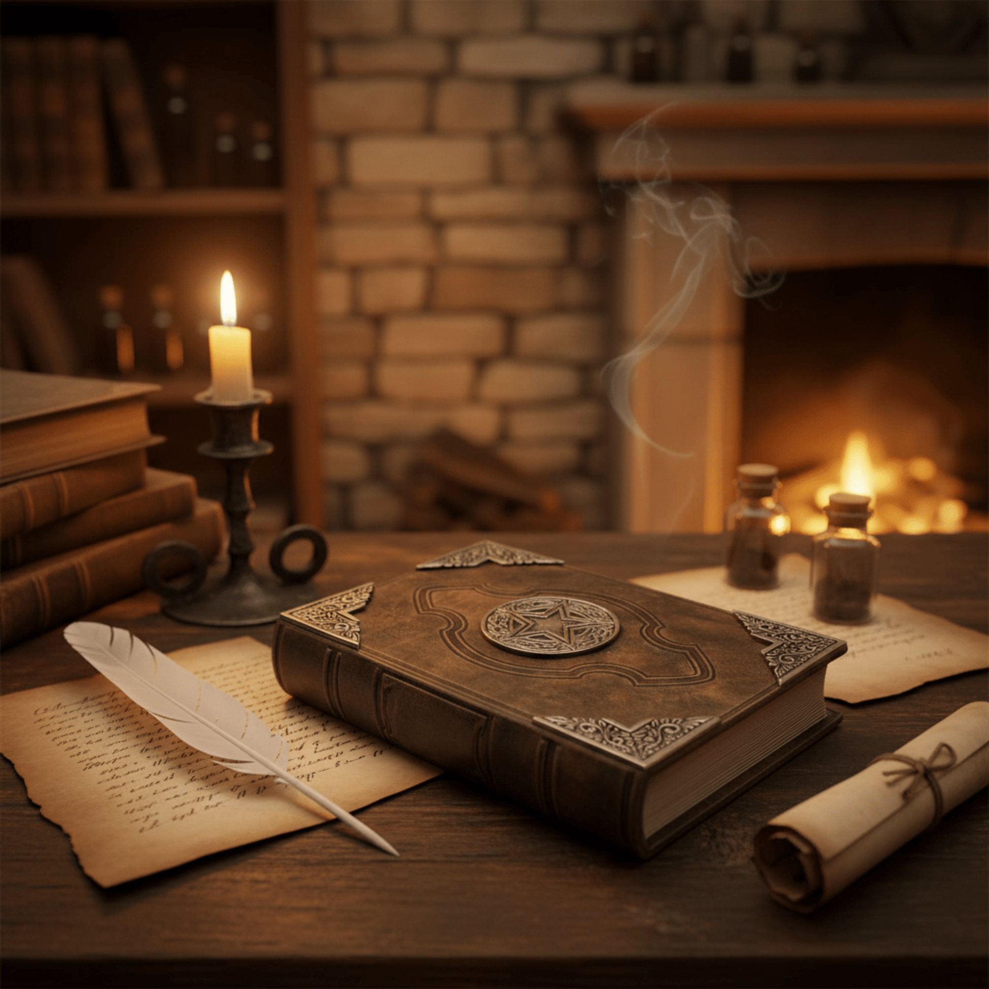 Grimoire Pentacle Sacré fermé en cuir brun, plume et parchemins autour, ambiance ésotérique chaleureuse.