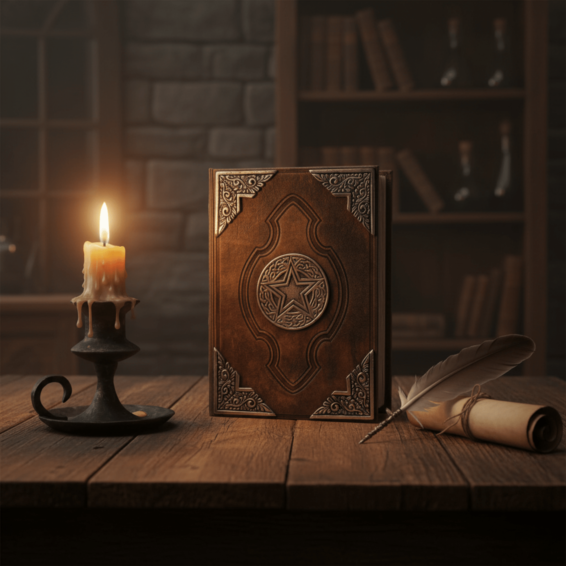 Grimoire Pentacle Sacré en cuir brun avec pentacle en zinc, éclairé par une bougie dans un décor mystique.