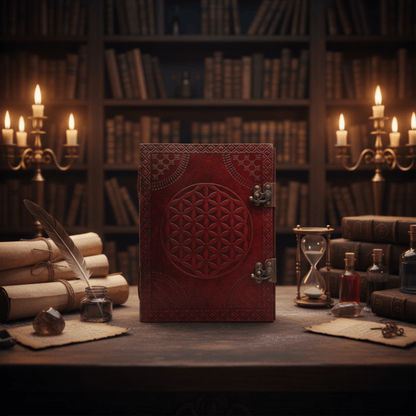 Grimoire Fleur de Vie en cuir rouge sculpté sur table d’autel, décor ancien et bougies allumées