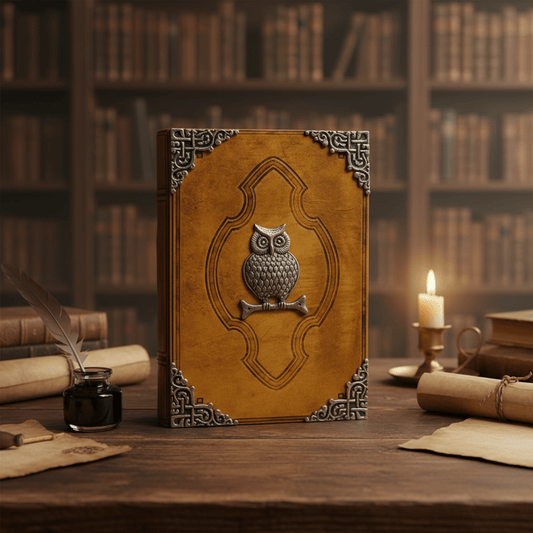 Grimoire en cuir café avec hibou en zinc posé sur une table ancienne, entouré de bougies et parchemins.