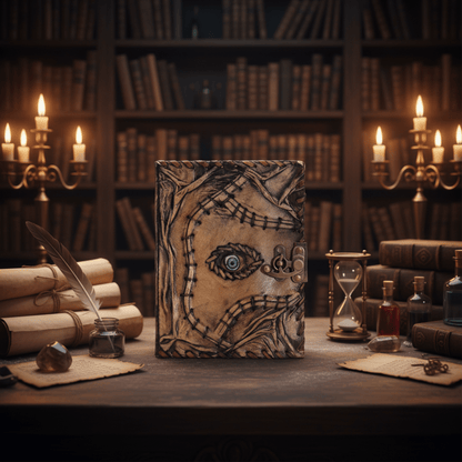 Grimoire Nécronomicon avec œil mystique en cuir vieilli posé sur un bureau ancien, ambiance occulte.