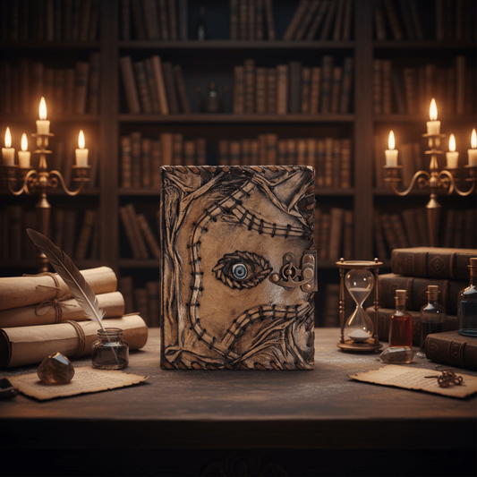 Grimoire Nécronomicon avec œil mystique en cuir vieilli posé sur un bureau ancien, ambiance occulte.