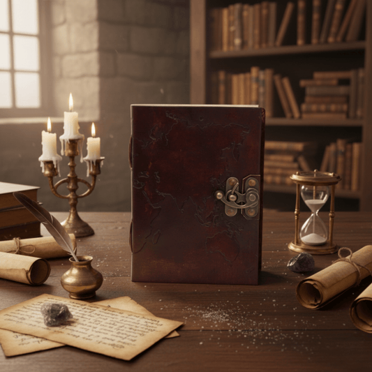 Grimoire en cuir carte du monde avec boucle ancienne – carnet ésotérique artisanal posé sur bureau magique.