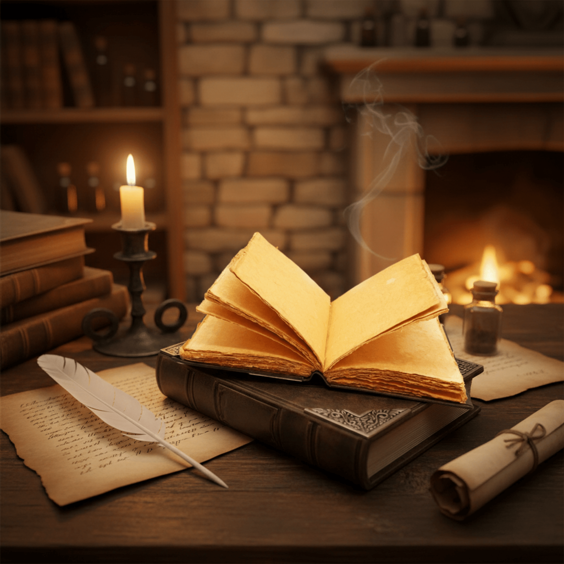 Grimoire Pentacle Sacré ouvert, pages en papier coton, posé près d’une plume dans une ambiance magique.