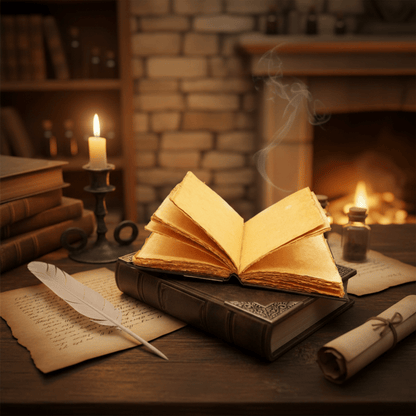 Grimoire Pentacle Sacré ouvert, pages en papier coton, posé près d’une plume dans une ambiance magique.