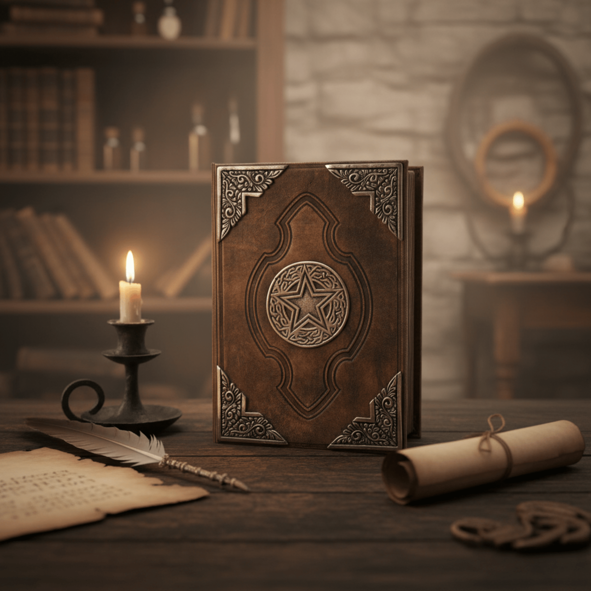 Grimoire Pentacle Sacré en cuir brun avec pentacle en zinc, posé sur une table dans un décor mystique.