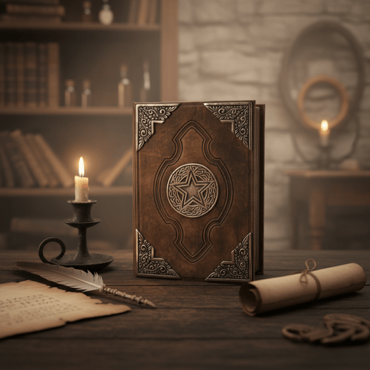 Grimoire Pentacle Sacré en cuir brun avec pentacle en zinc, posé sur une table dans un décor mystique.