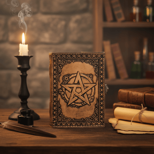 Grimoire pentacle en cuir beige ancien, symbole sacré gravé, ambiance ésotérique avec bougie allumée.