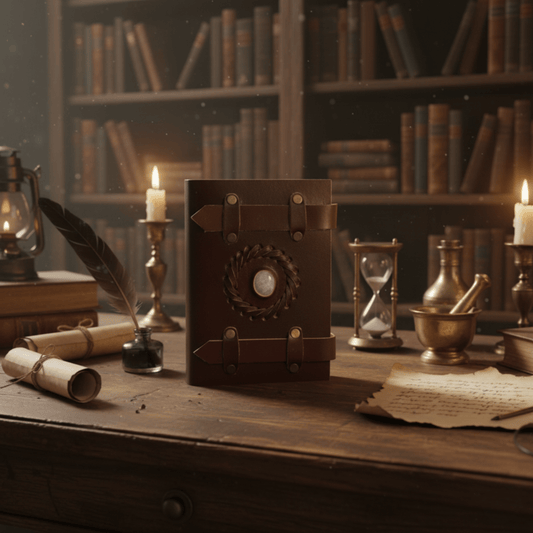 Grimoire en cuir avec pierre de lune sur bureau ancien, bougies allumées et ambiance mystique.
