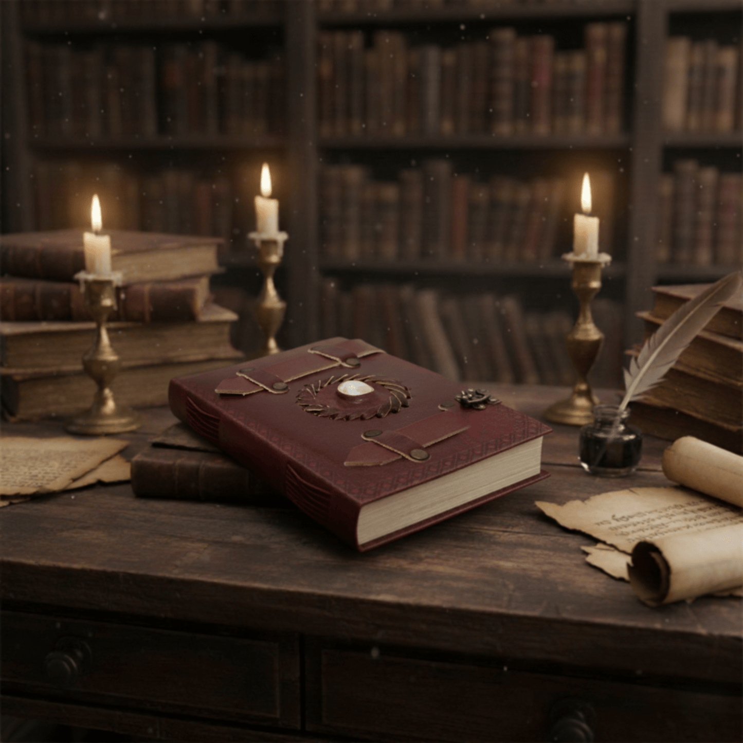 Grimoire pierre de lune posé sur un bureau ancien, bougies et livres anciens créant une ambiance magique.