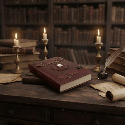 Grimoire pierre de lune posé sur un bureau ancien, bougies et livres anciens créant une ambiance magique.