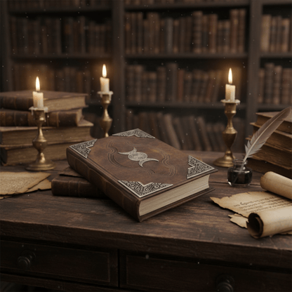 Grimoire Triple Lune en cuir artisanal fermé, décoré d’un symbole lunaire en zinc sur une table de bibliothèque.