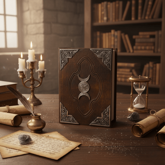 Grimoire Triple Lune en cuir brun avec ornement en zinc posé sur un bureau ancien éclairé aux bougies.
