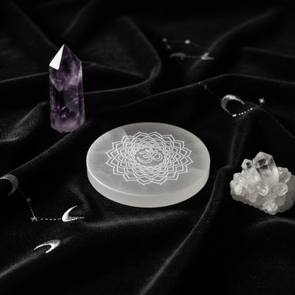 Plaque en sélénite chakra couronne gravée Om, disque de purification avec améthyste et cristal de roche