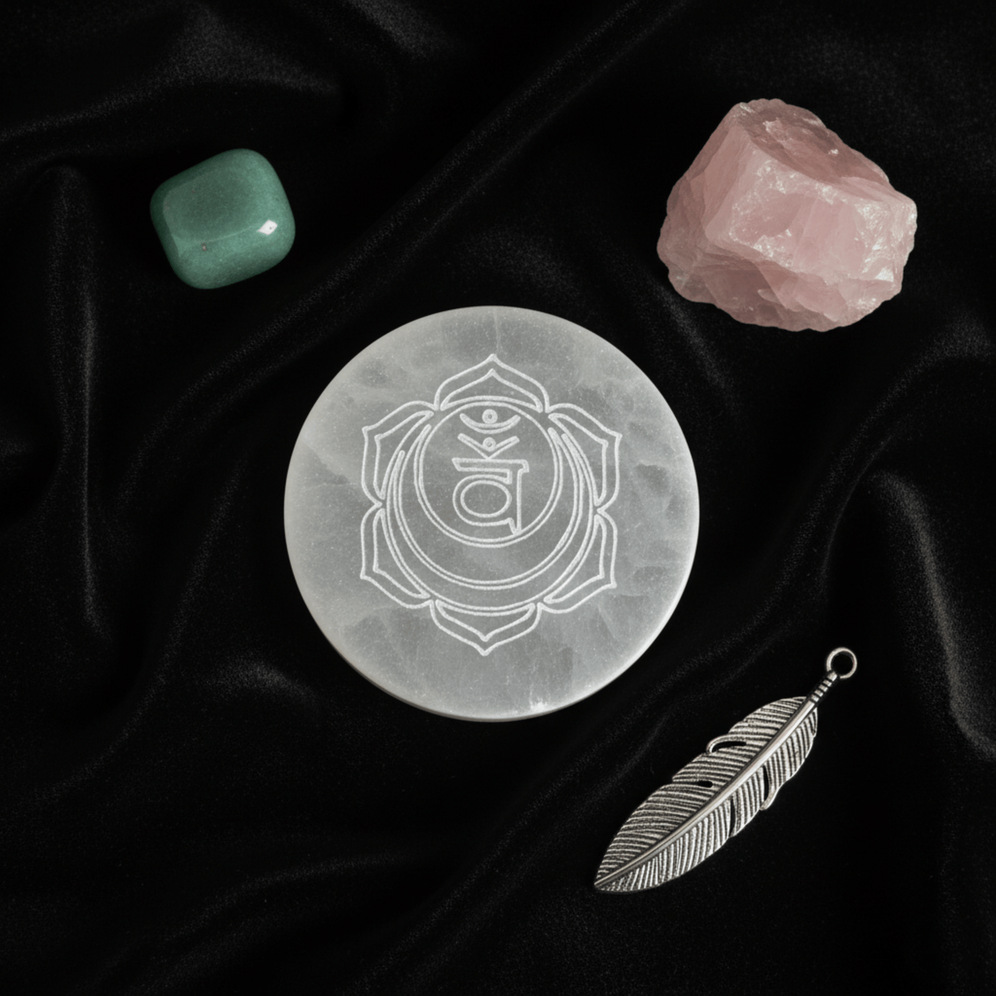 Plaque en sélénite chakra sacré gravée, disque énergétique avec quartz rose et pierre verte
