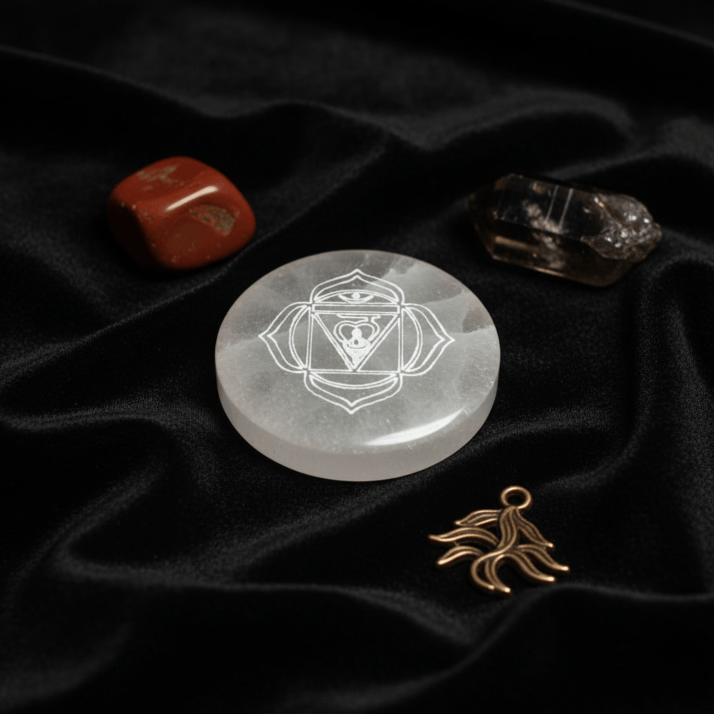 Plaque en sélénite chakra racine gravée, disque d’ancrage avec jaspe rouge et cristal fumé