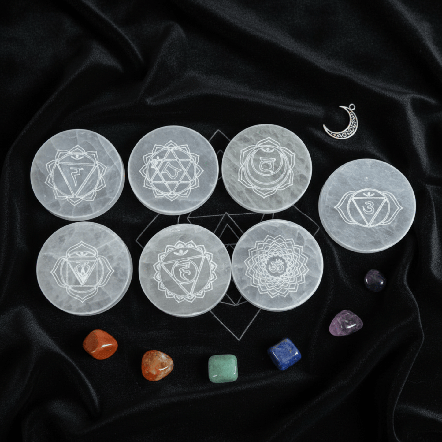 Lot de 7 plaques en sélénite gravées des chakras, set de purification et rechargement énergétique avec cristaux