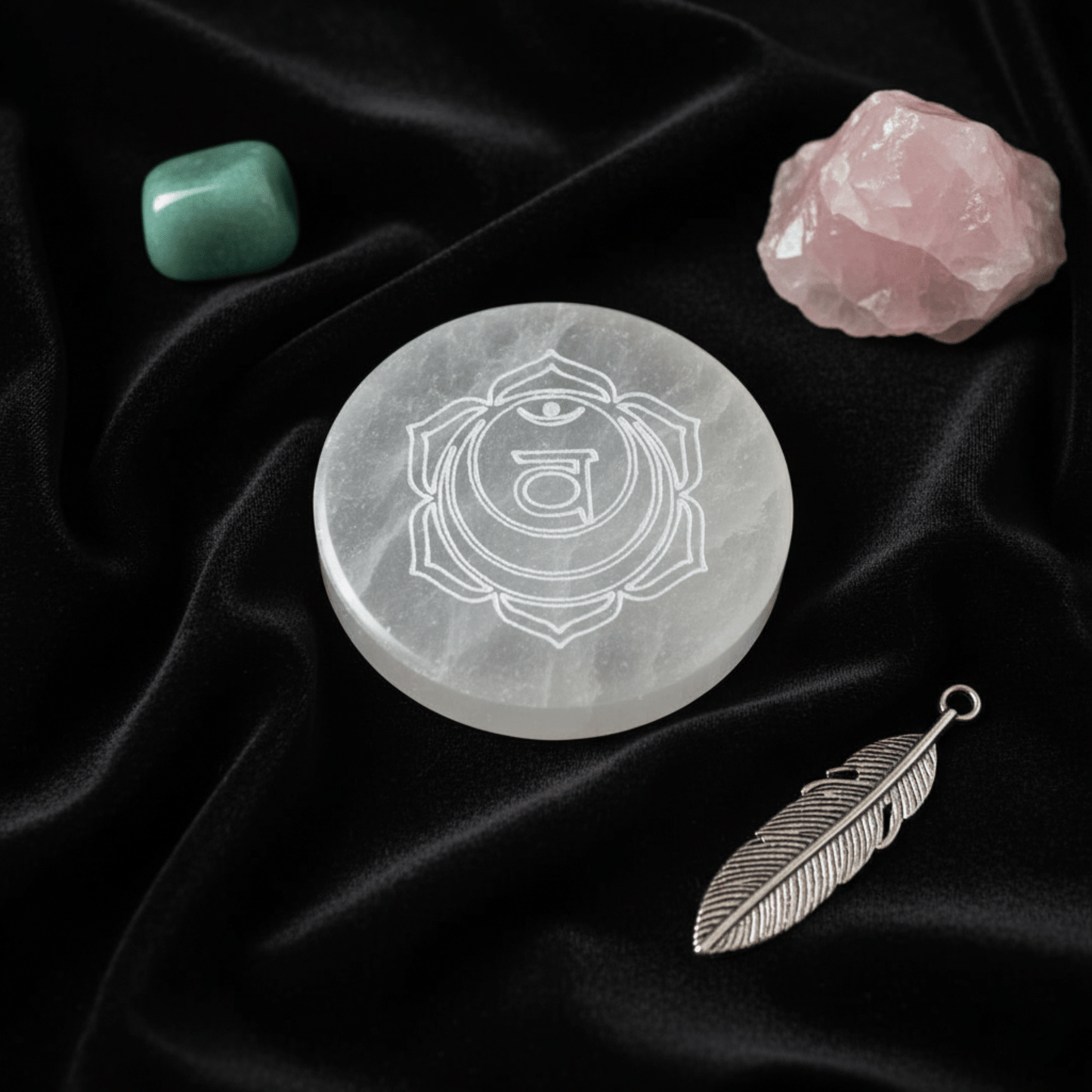 Plaque en sélénite chakra du cœur gravée, disque énergétique avec aventurine verte et quartz rose