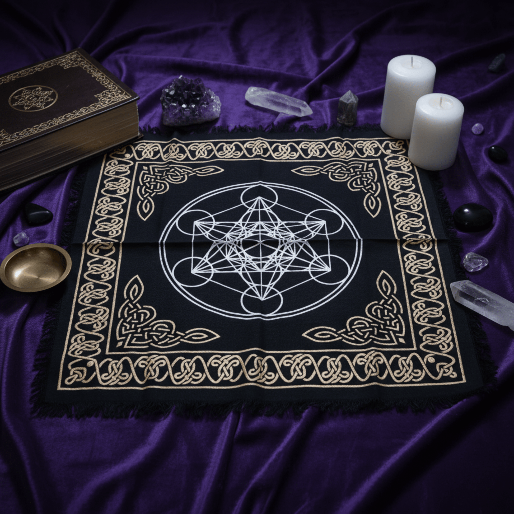 Nappe ésotérique cube de Métatron posée sur tissu violet avec cristaux, bougies et livre de rituel.