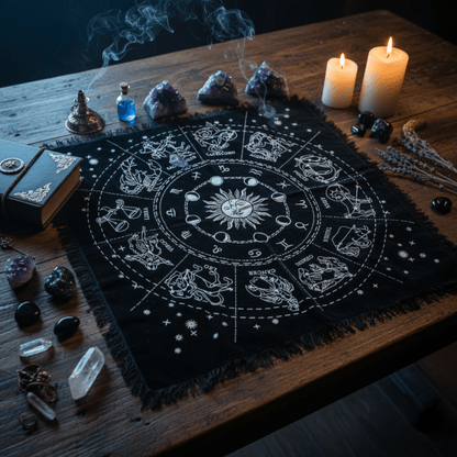 Nappe d’autel astrologique décorée du zodiaque, utilisée pour tarot, cristaux, rituels et magie cosmique.