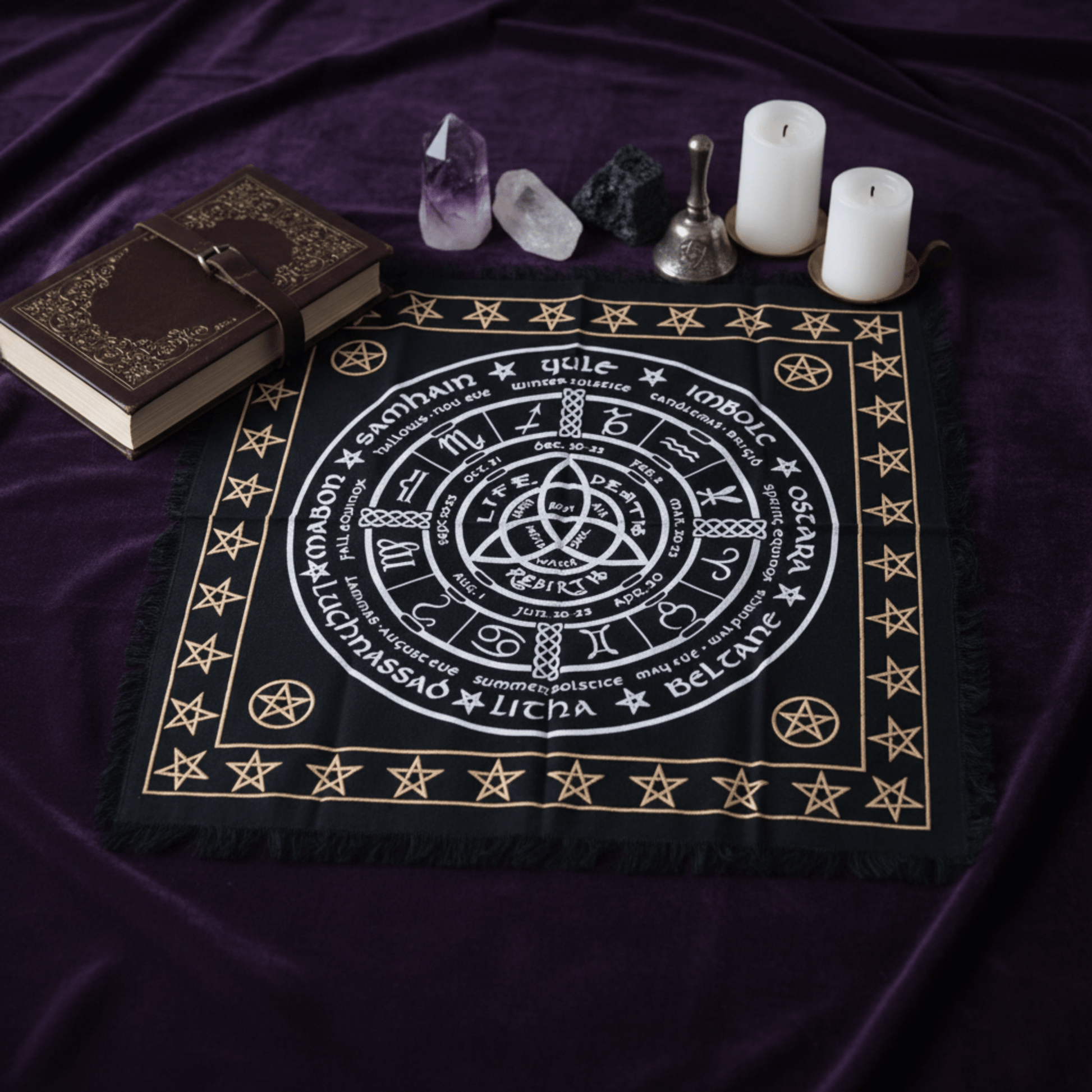 Nappe d’autel Wicca noire motif Vie Mort Renaissance avec pentacles, cristaux et accessoires rituels.