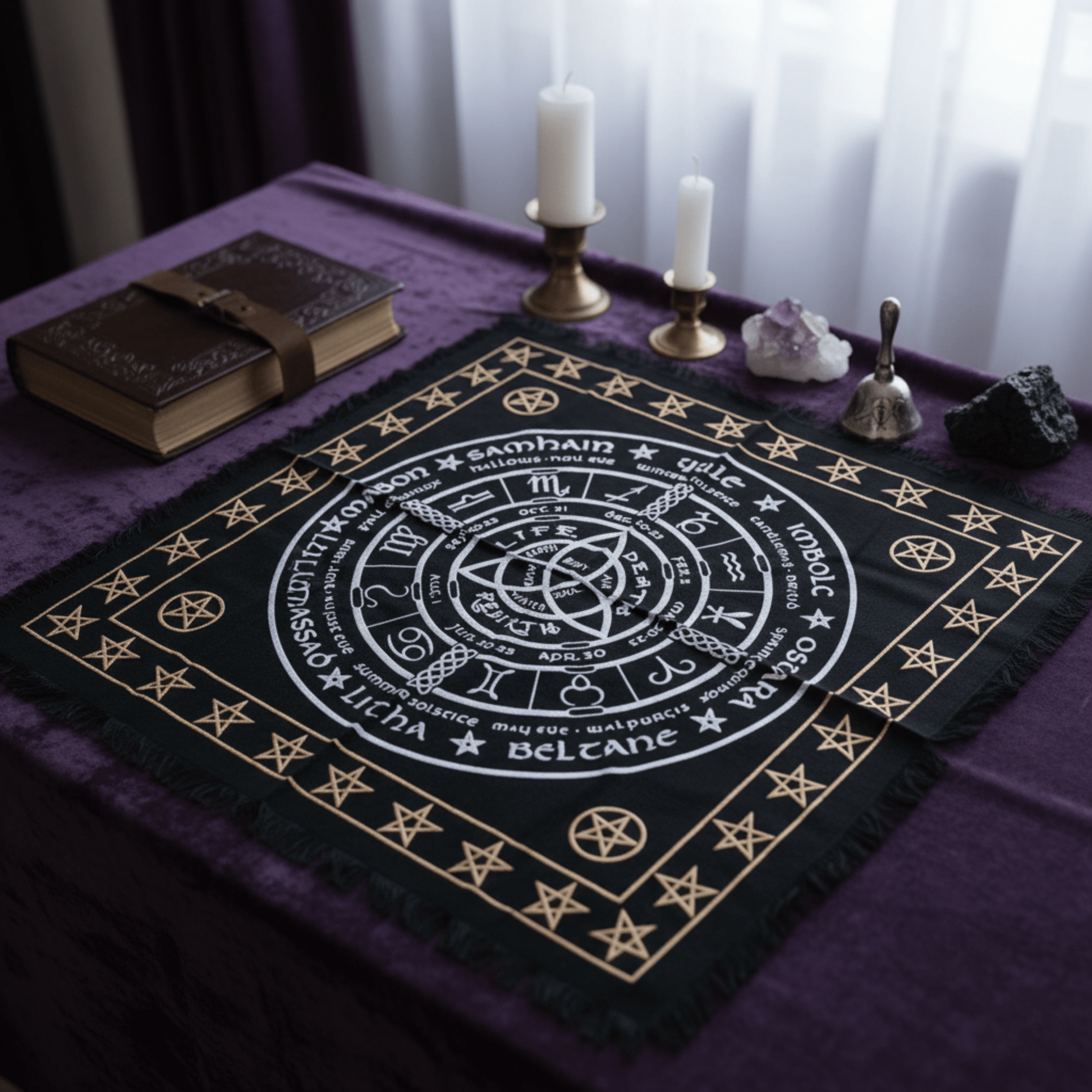 Nappe d’autel ésotérique cycle Vie Mort Renaissance disposée sur table de rituel avec bougies et cristaux.