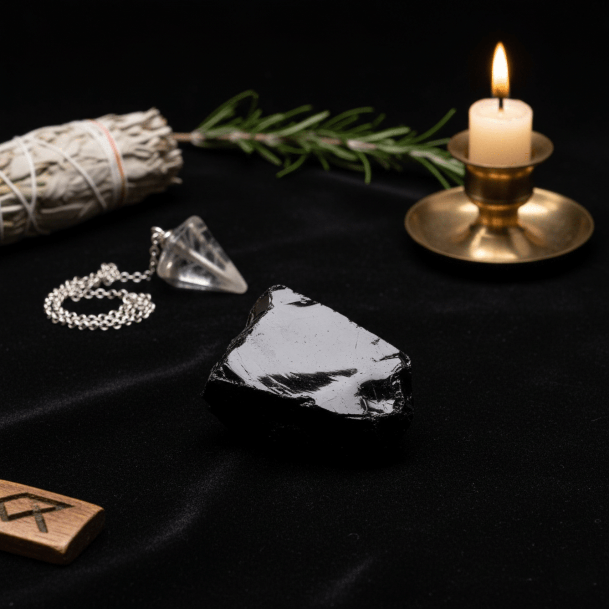 Obsidienne noire brute avec bougie et sauge, pierre d’ancrage, vérité et bouclier énergétique.