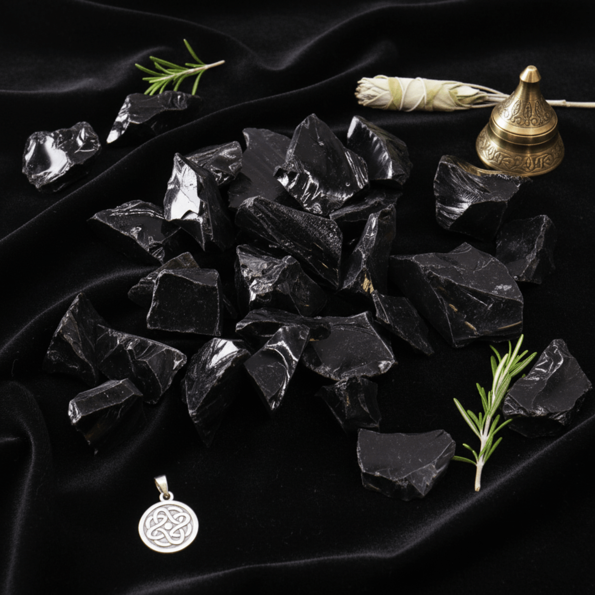 Éclats d’obsidienne noire sur tissu sombre, pierre volcanique de protection et clarté intérieure.