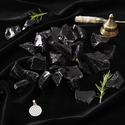 Éclats d’obsidienne noire sur tissu sombre, pierre volcanique de protection et clarté intérieure.
