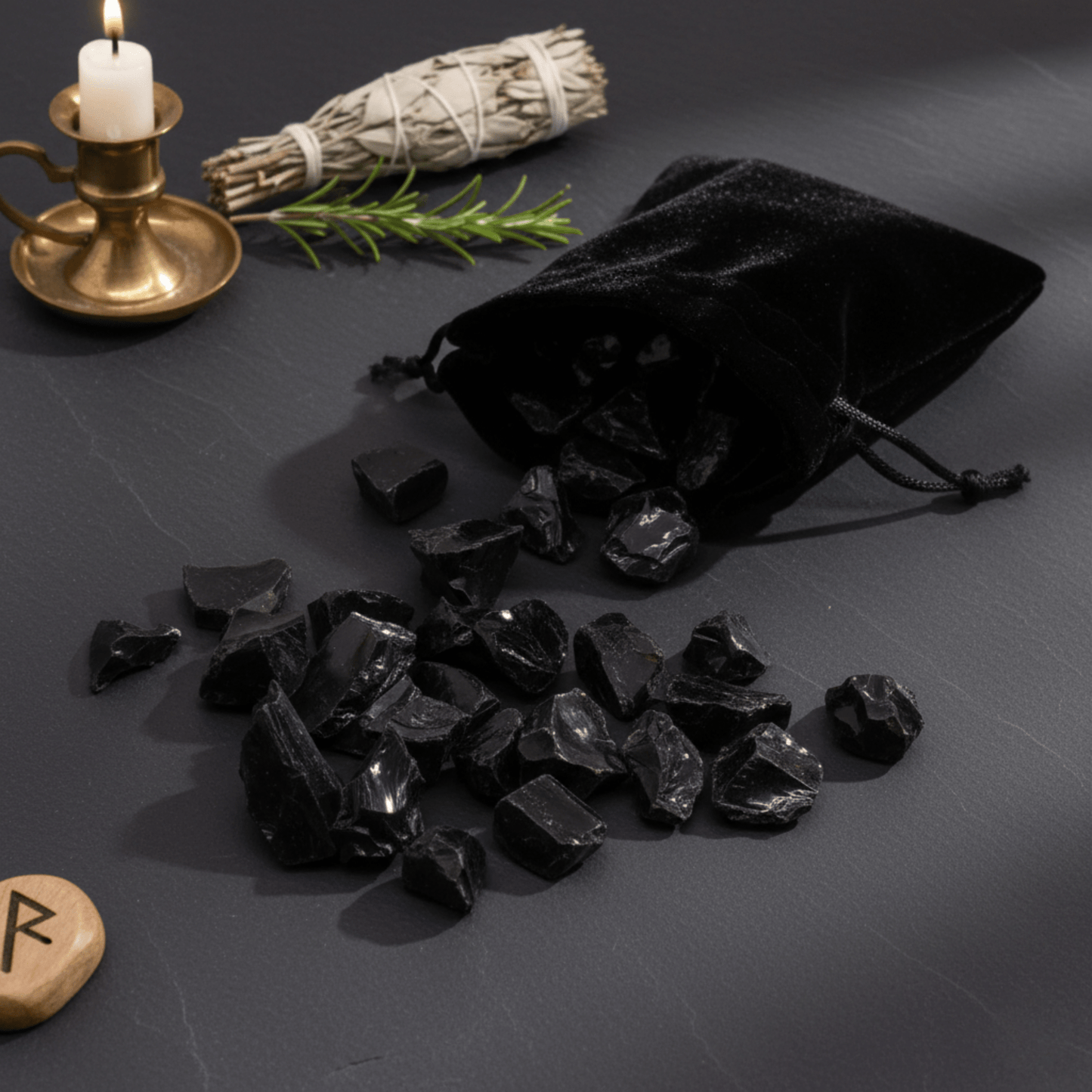 Pierres d'Obsidienne noire brute dispersée depuis une pochette, pierre de protection et purification énergétique.