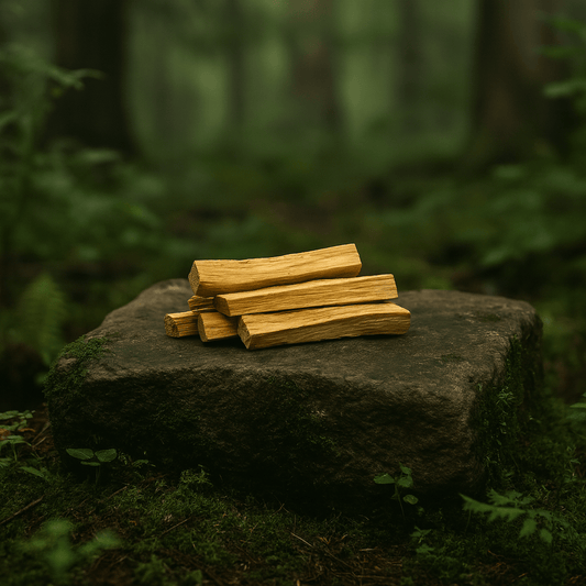 Bâtons de Palo Santo naturels posés sur une pierre en forêt, bois sacré de purification et énergie positive.
