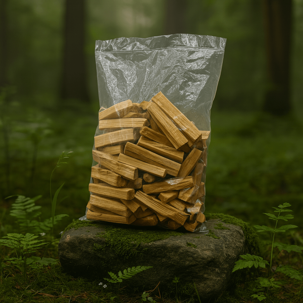 Sac de 1 kg de Palo Santo premium sur pierre moussue, bois sacré pour purification et rituels.