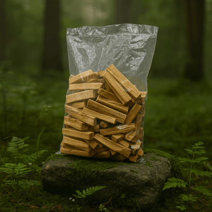 Sac de 1 kg de Palo Santo premium sur pierre moussue, bois sacré pour purification et rituels.