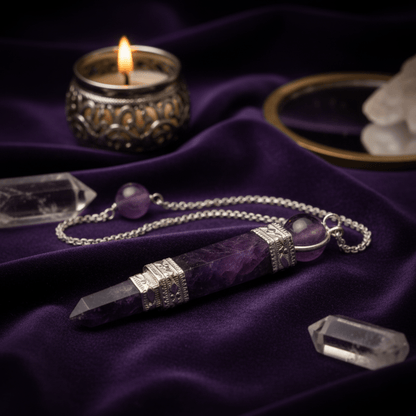 Pendule divinatoire en améthyste sur tissu violet avec bougie allumée et cristaux