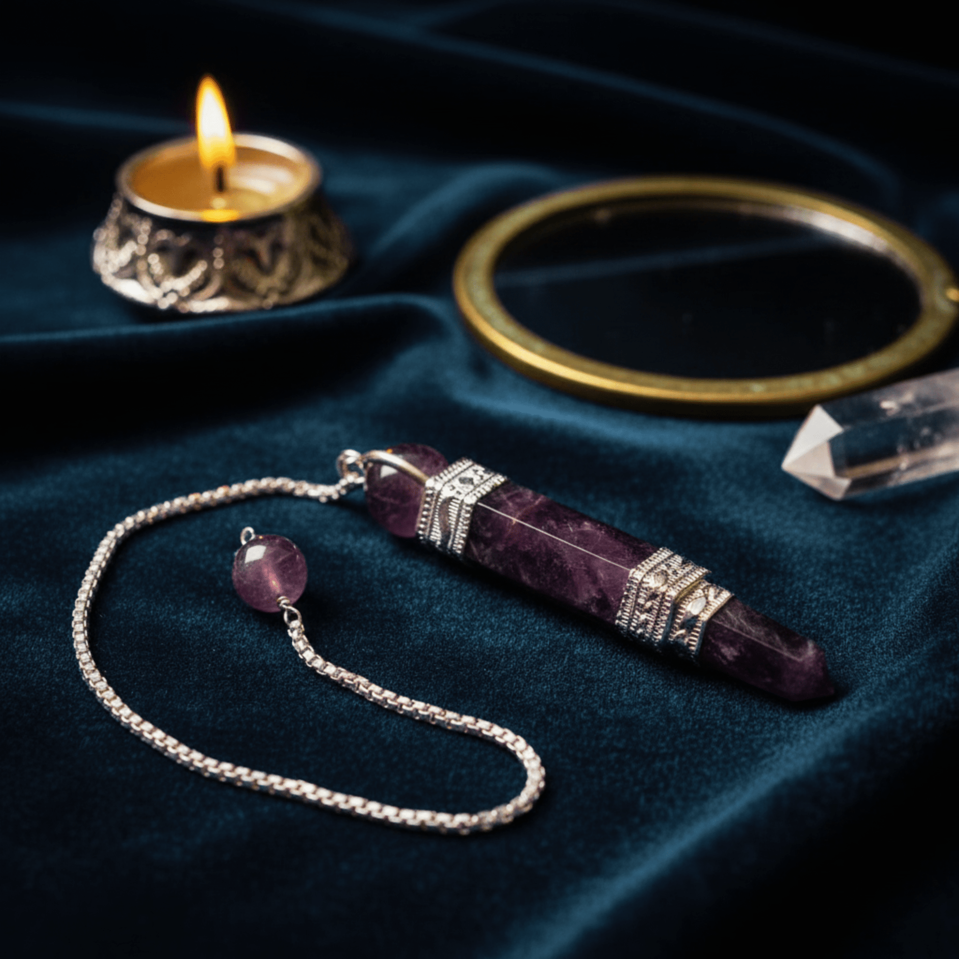 Pendule artisanal en améthyste avec chaînette et perle violette sur velours sombre