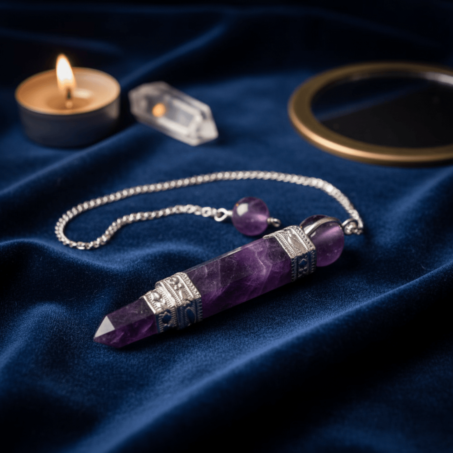 Pendule en améthyste pour radiesthésie posé sur tissu bleu avec accessoires mystiques