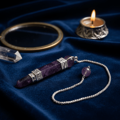 Pendule triple pièces en améthyste avec chaînette argentée sur velours bleu