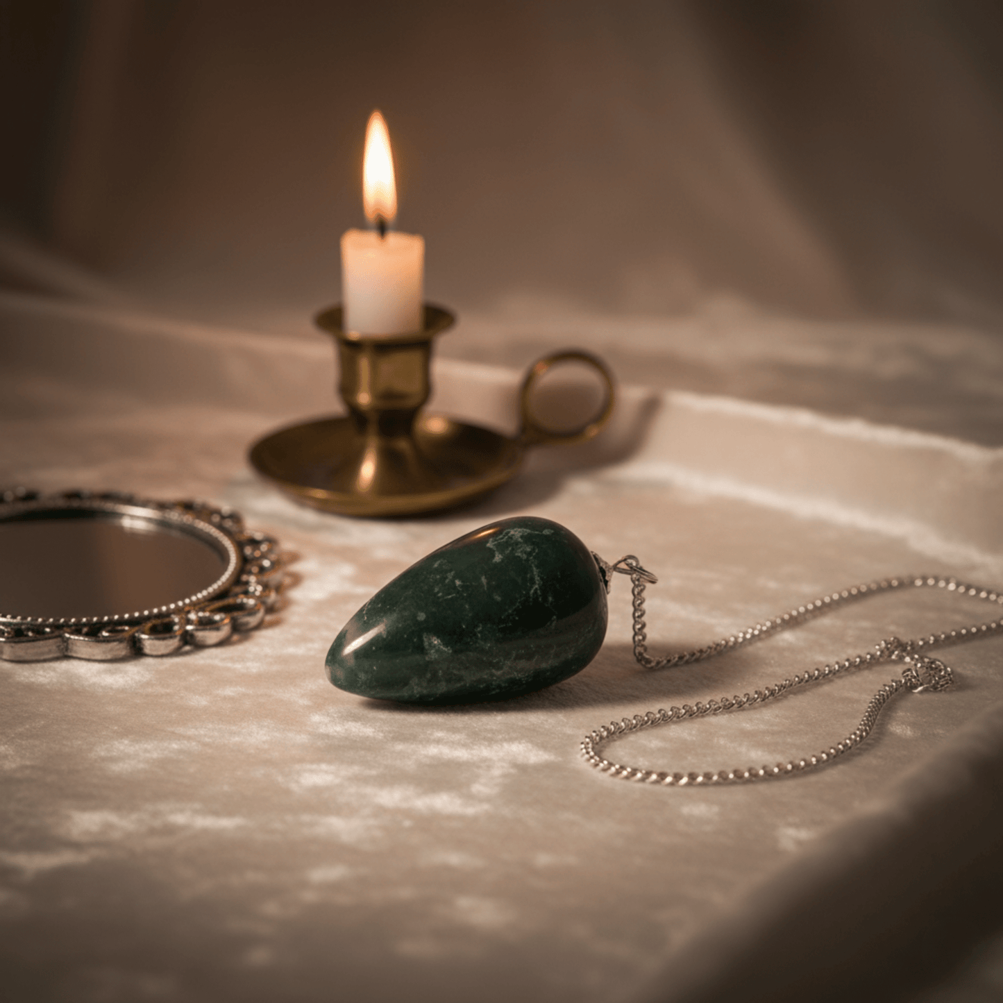 Pendule divinatoire en agate arbre, pierre verte polie avec chaîne argentée, outil d’intuition et d’ancrage.