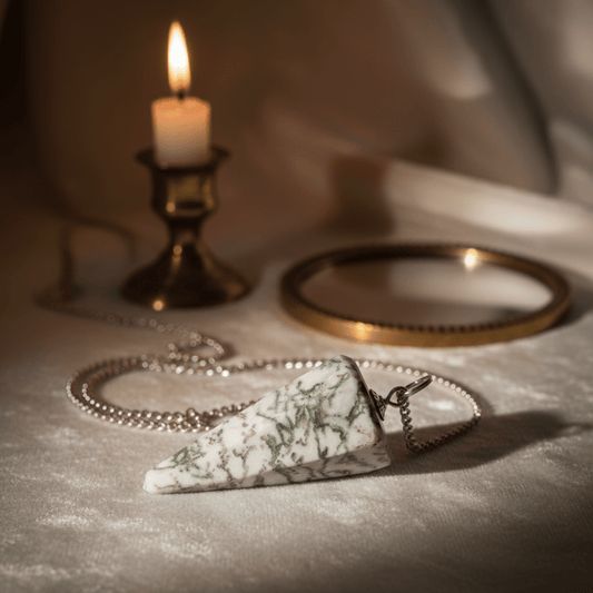 Pendule en agate arbre pour divination, pierre verte et blanche naturelle sur chaîne argentée, rituel ésotérique.